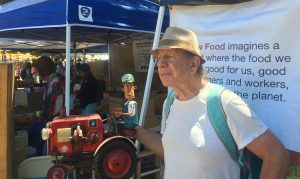Got Cider - Jonah Raskin with Patrick Amiot junk art sculpture Slow Food Farmer at the 2016 Gravenstein Apple Fair