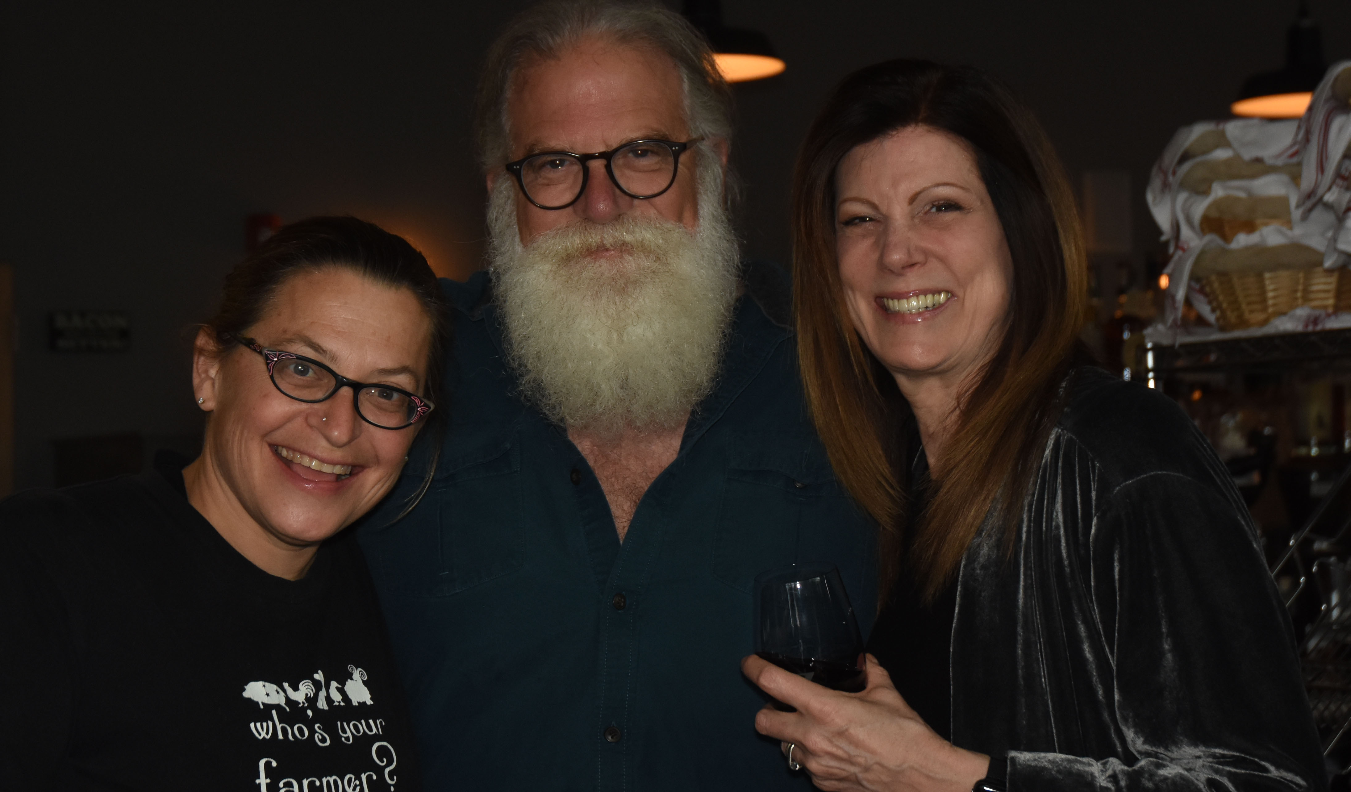 Zazu Chef Duskie Estes; Jim Reichardt, owner of Liberty Ducks; and Peg Champion, event organizer and member of the Slow Food Russian River leadership team, share a laugh