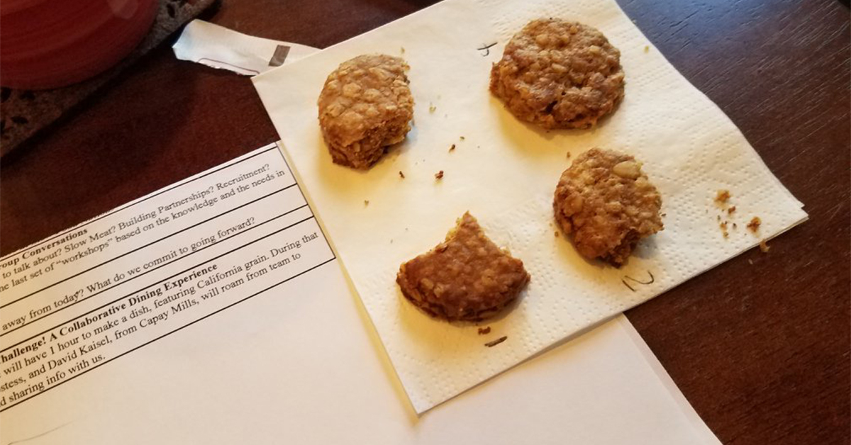 Tasting of four grains, Sonora, Chiddam Blanc, Spelt and Red Fife. at the Slow Food California 2018 Leaders Meeting in Cupertino.