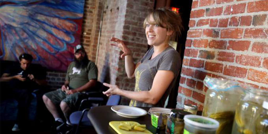 Jennifer Harris, organizer of the 2015 Farm to Fermentation Festival, gives a talk on fermentation and making pickles at the Arlene Francis Center on Sixth St. in Santa Rosa, Wednesday, July 31, 2013. (Crista Jeremiason / The Press Democrat)